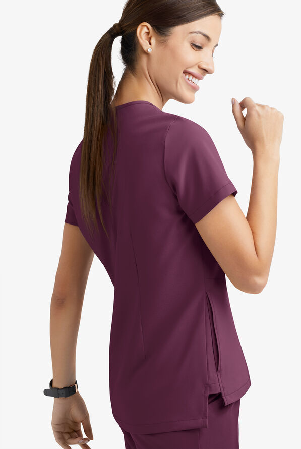 Easy STRETCH Taylor Women's 3-Pocket High Low Hem V-Neck Scrub Top - Dark Mulberry - 5