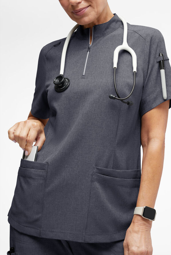 Easy STRETCH Jen Women's 4-Pocket Zip-Neck Short Sleeve Scrub Top - Charcoal Heather - 5