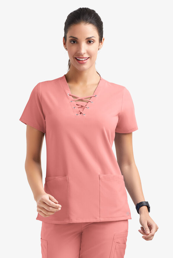 Easy STRETCH Gisele Women's 4-Pocket Lace Up V-Neck Scrub Top - Autumn Coral - 2
