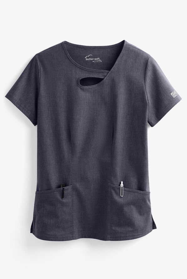Blusa médica UA Butter-Soft STRETCH con cuello asimétrico y ojo de cerradura para mujer - Indigo Denim - 1
