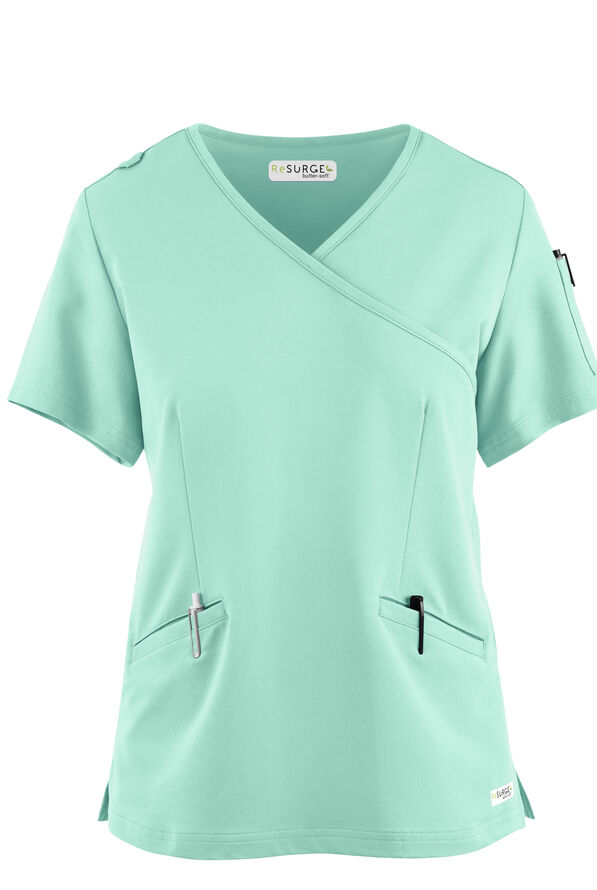 Butter-Soft Women's 5-Pockets Faux Wrap Scrub Top **Slightly IRREGULAR** - Beachside Blue - 8