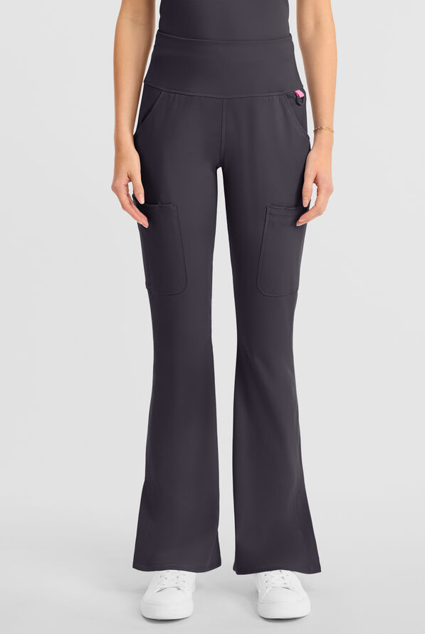 Med Couture Amp Knit Women's 5-Pocket STRETCH High-Rise Yoga Waistband Flare Leg Scrub Pant - Pewter - 1