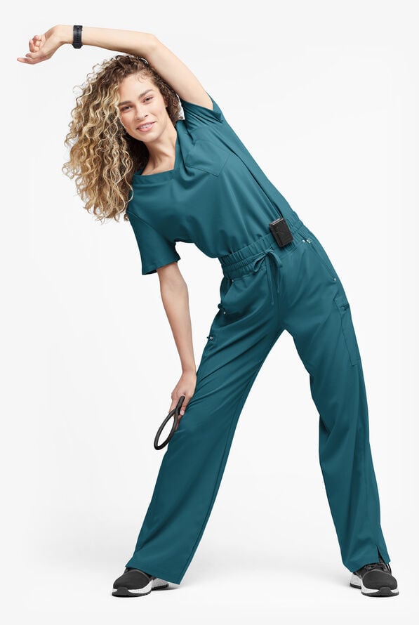 Easy STRETCH Ellie Women's 5-Pocket High Waisted Wide Leg Scrub Pants - Caribbean Blue - 4