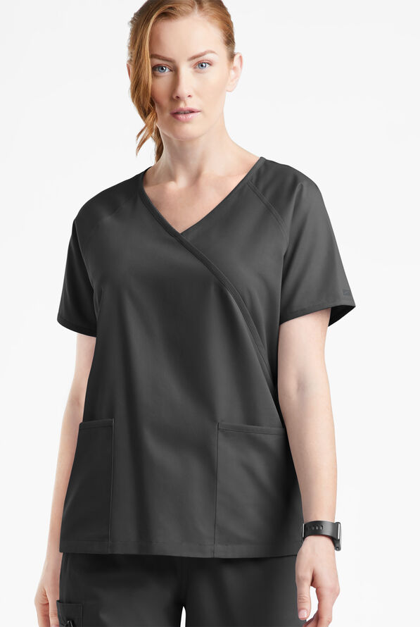 Butter-Soft Originals Women's 3-Pocket Mock Wrap Scrub Top - Black - 2