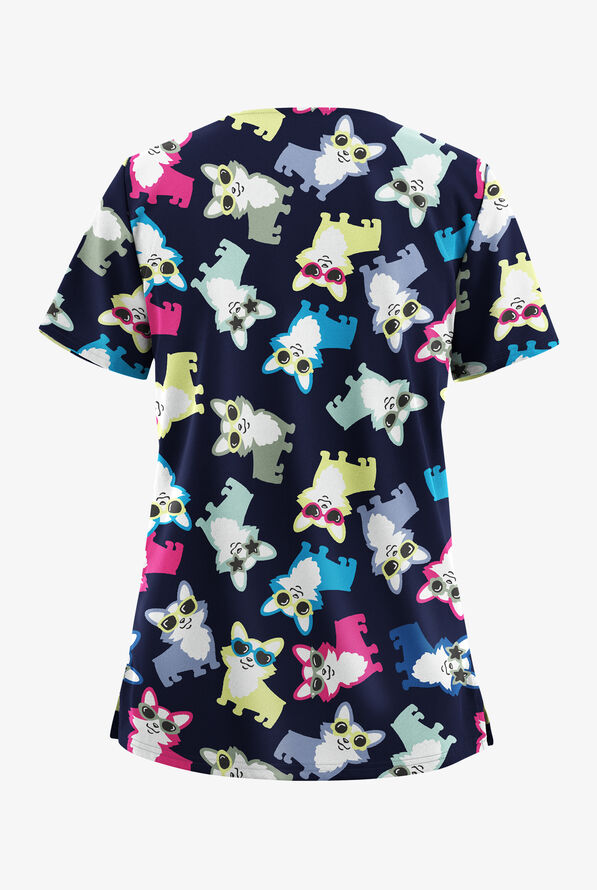 Butter-Soft STRETCH Party Animal Navy Women's 2-Pocket V-Neck Print Scrub Top - null - 2