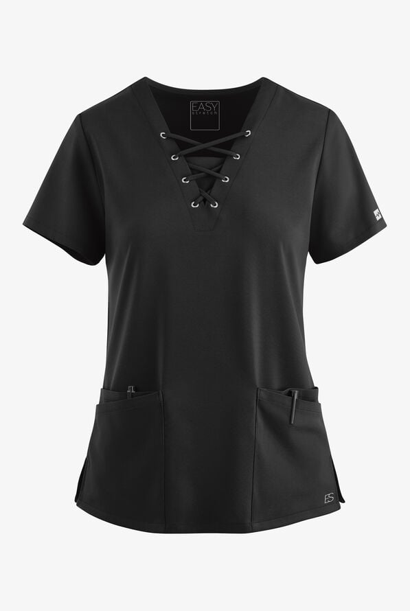 Easy STRETCH Gisele Women's 4-Pocket Lace Up V-Neck Scrub Top - Onyx Black - 1