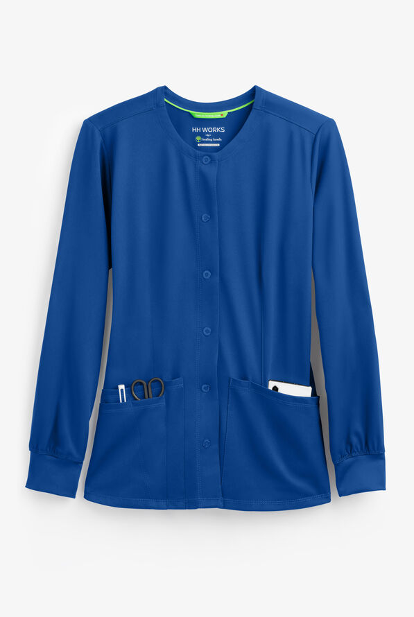 HH Works by Healing Hands Megan Women's 4-Pocket STRETCH Round Neck Warm-Up Scrub Jacket - Royal - 1