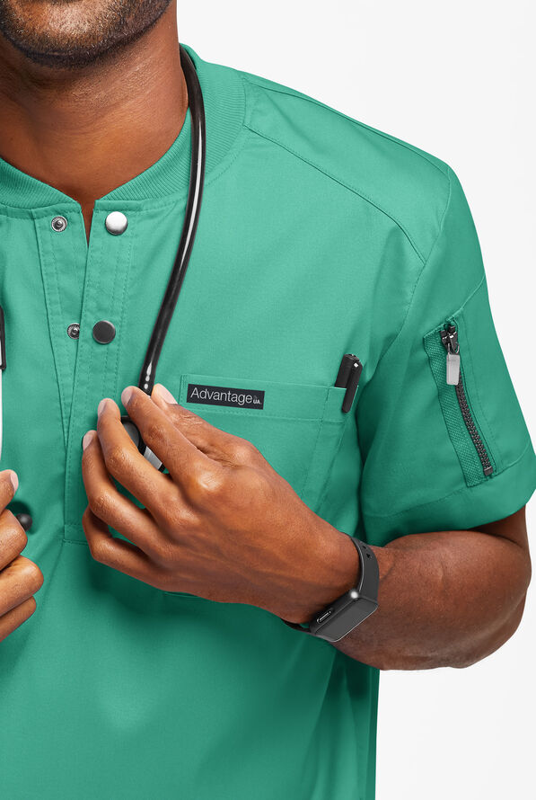 Advantage STRETCH Men's 2-Pocket Short Sleeve Henley Scrub Top - Bermuda Green - 3