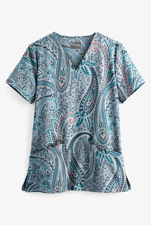 Butter-Soft STRETCH Floral Paisley Silver Women's 2-Pocket V-Neck Print Scrub Top - null - 1