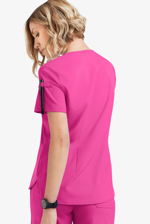 Easy STRETCH Nikki Women's 1-Pocket Scallop Neck Tuck-In Scrub Top - Glam Pink - 4