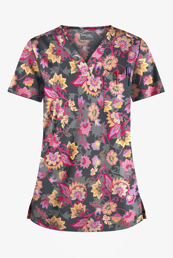 Butter-Soft STRETCH Jacobean Spring Pewter Women's 1-Pocket Tuck-In V-Neck Print Scrub Top - null - 1