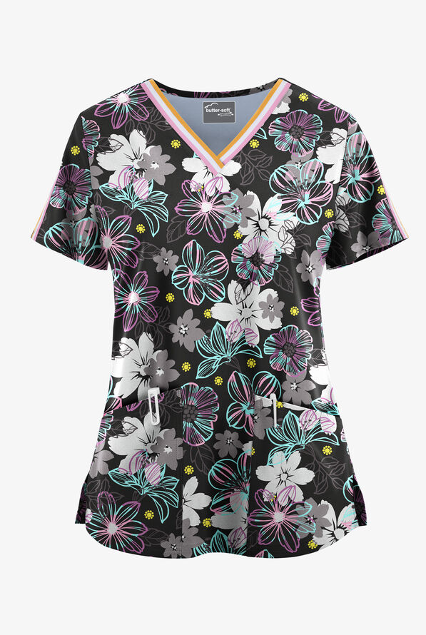 Blusa médica estampada UA Butter-Soft STRETCH Jacobean Spring Eucalyptus Leaf con cuello en V con ribete y 3 bolsillos para mujer - null - 1