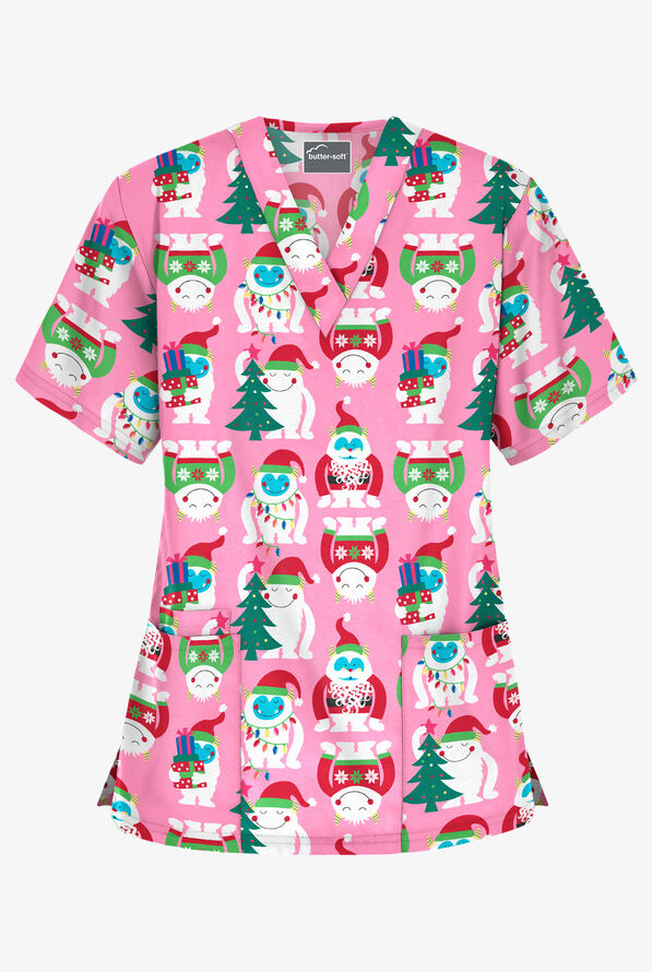 Blusa médica estampada Butter-Soft Happy Monsters Pink con cuello en V y 3 bolsillos para mujer - null - 1