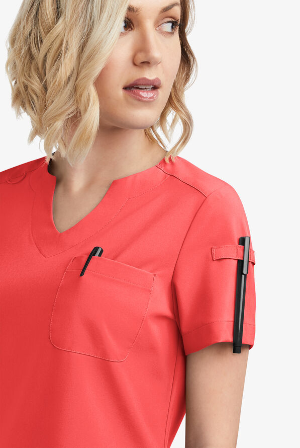 Easy STRETCH Nikki Women's 1-Pocket Scallop Neck Tuck-In Scrub Top - Radiant Red - 3