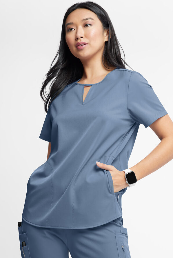 WhisperLite Alba Women's 3-Pocket Notched Neck Scrub Top - Indigo Batik - 1