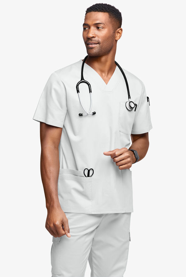Butter-Soft STRETCH Men's 6-Pocket V-Neck Scrub Top - White - 2