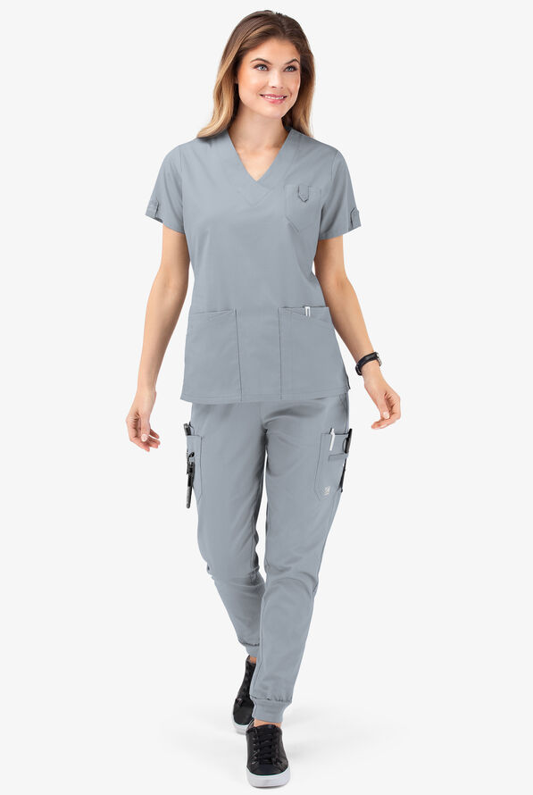 Butter-Soft STRETCH Women's 6-Pocket V-Neck Scrub Top - Silver - 2