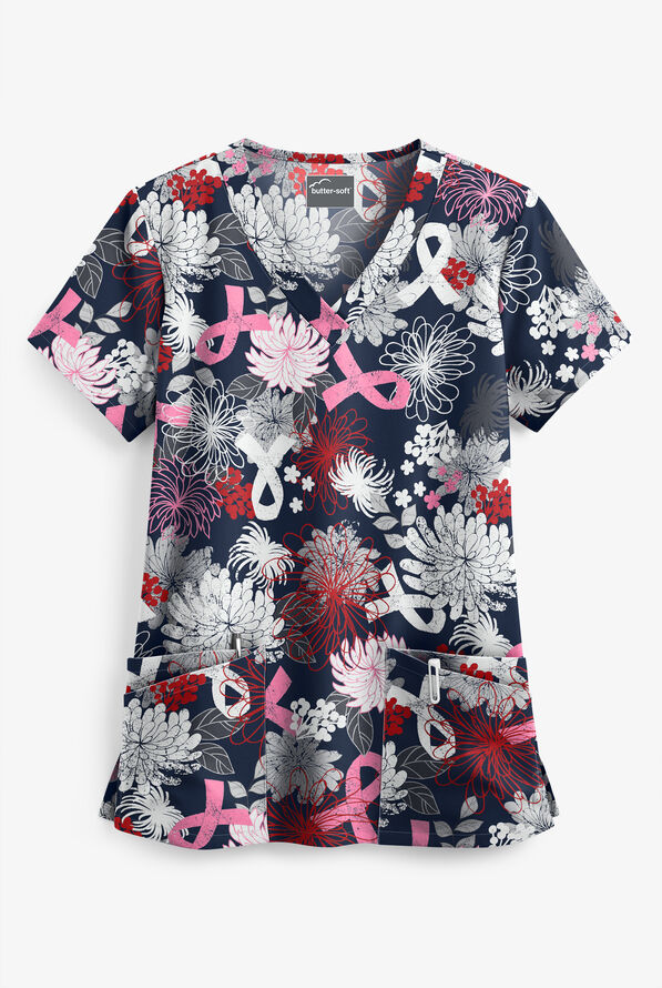ButterSoft Ribbon Floral Navy Print Scrub Top, Pink Ribbon Scrubs