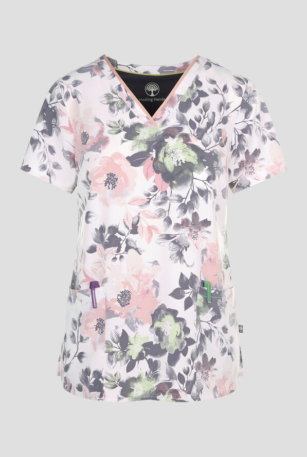 Healing Hands Peaceful Posies Women's 3-Pocket STRETCH V-Neck Print Scrub Top - null - 1
