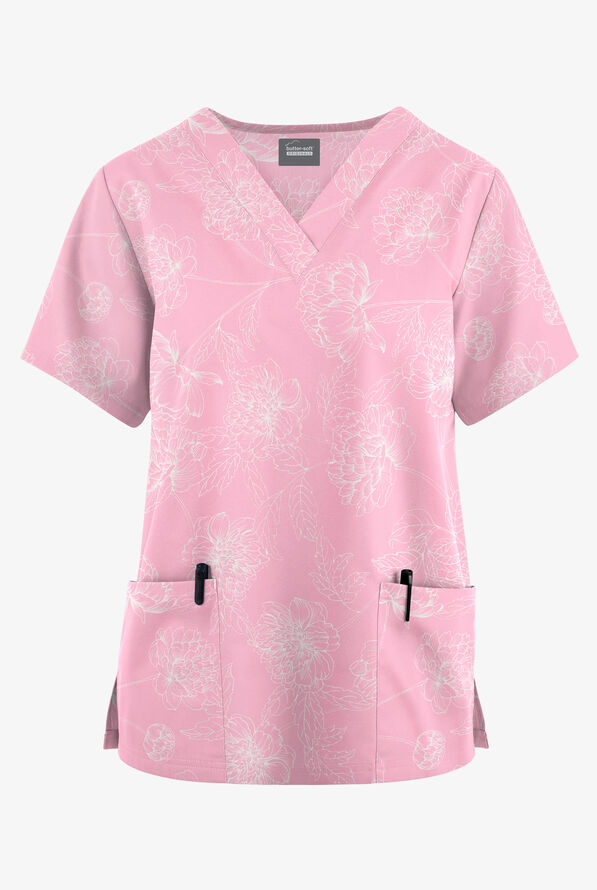 Butter-Soft Originals Peony Garden Blush Women's 2-Pocket V-Neck Print Scrub Top - null - 1