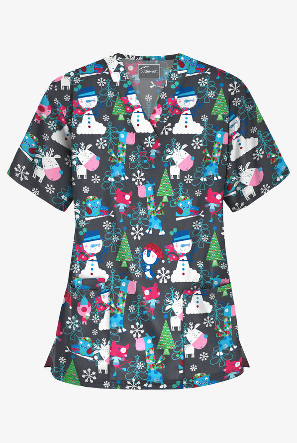 Butter-Soft Holiday Party Pewter Women's 3-Pocket V-Neck Print Scrub Top - null - 1