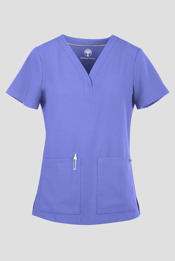 Healing Hands Quest Briana Women's 3-Pocket STRETCH Y-Neck Scrub Top - Ceil Blue - 1