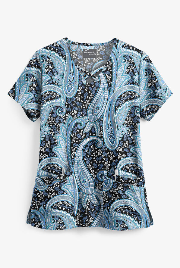 Butter-Soft STRETCH Black Floral Paisley Women's 4-Pocket Criss Cross Print Scrub Top - null - 1