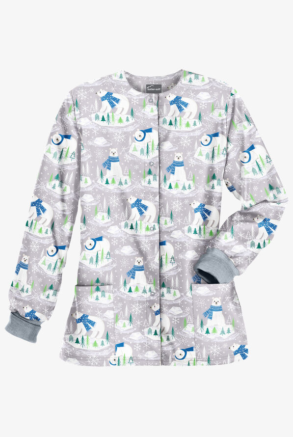 Butter-Soft Polar Holiday Silver Women's 2-Pocket Warm-Up Print Scrub Jacket - null - 1