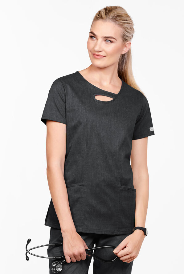 Butter-Soft STRETCH Women's 2-Pocket Asymmetric Keyhole Scrub Top - Heather Charcoal - 2