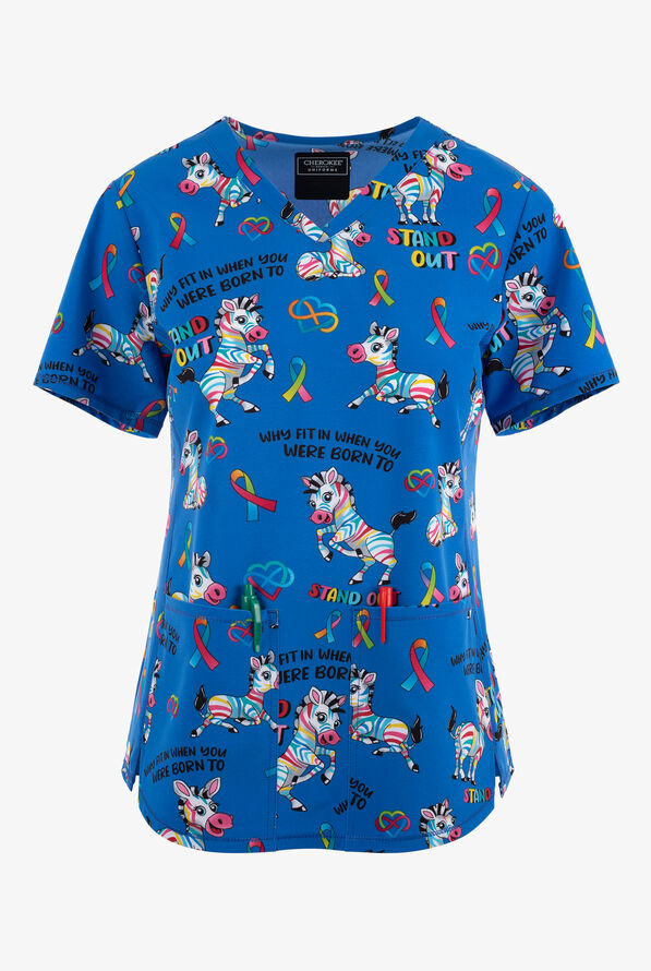 Cherokee Genuine Autism Born To Stand Out Women's 2-Pocket STRETCH V-Neck Print Scrub Top - null - 1
