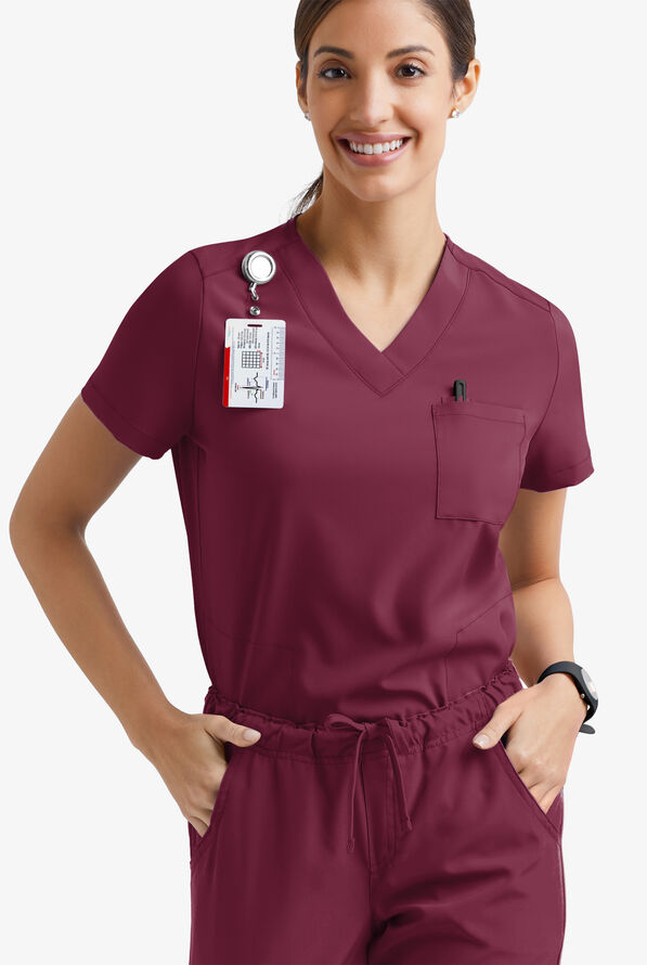 Easy STRETCH Taylor Women's 3-Pocket High Low Hem V-Neck Scrub Top - Wine - 1