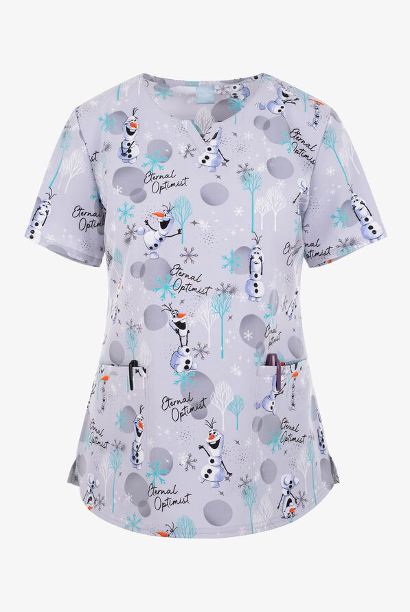 Tooniforms Disney's Frozen Olaf Optimist Women's 2-Pocket STRETCH V-Neck Print Scrub Top - null - 1