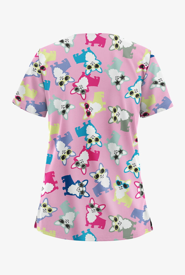 Butter-Soft STRETCH Party Animal Ciel Women's 2-Pocket V-Neck Print Scrub Top - null - 2