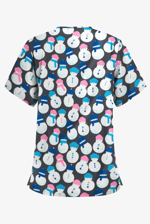 Butter-Soft Snowman Party Pewter Women's 3-Pocket V-Neck Print Scrub Top - null - 2
