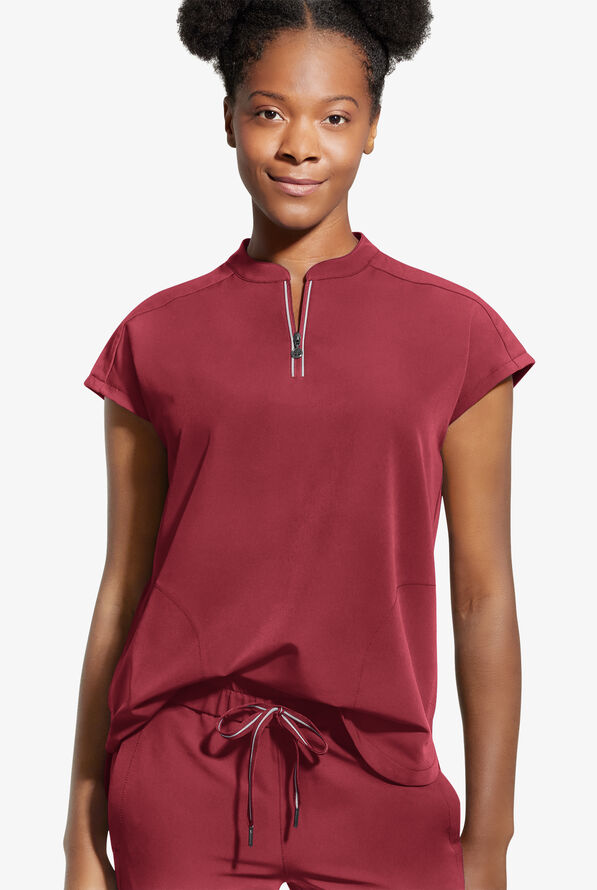 Healing Hands 360 Sandy Women's 2-Pocket STRETCH Dolman Sleeve Zip Mandarin Collar Scrub Top - Garnet Red - 2