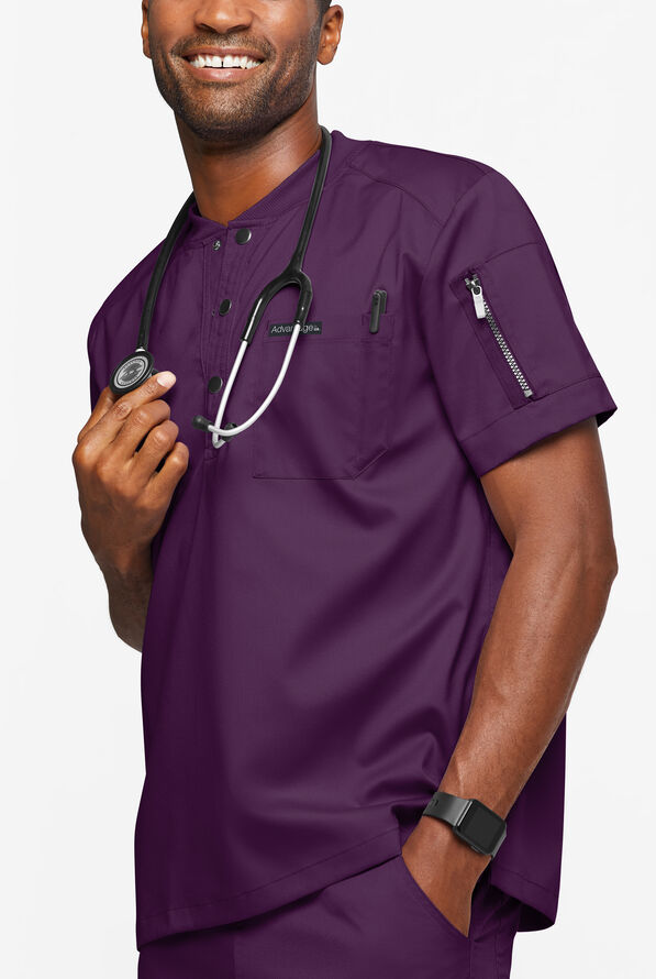 Advantage STRETCH Men's 2-Pocket Short Sleeve Henley Scrub Top - Eggplant - 2