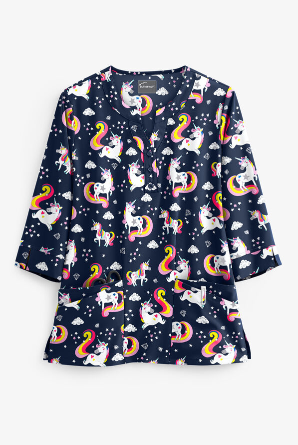 Butter-Soft Unicorn Dance Navy Women's 4-Pocket 3/4 Sleeve Print Scrub Top - null - 1