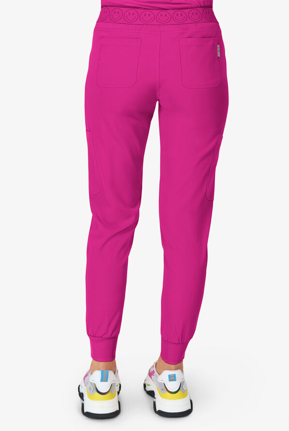 Zavate Ava Therese Women's 6-Pocket STRETCH Smile Face Elastic Waistband Cargo Jogger Scrub Pants - Petite - Razzmatazz - 3