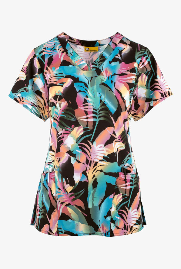 WonderWink You Can Toucan Tropical Palms Women's 2-Pocket STRETCH V-Neck Print Scrub Top - null - 1