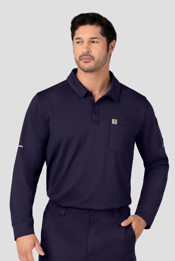 Carhartt Rugged Flex FLD & RSCU Men's 3-Pocket STRETCH Button Placket Long Sleeve Polo Scrub Top - Dark Navy - 3