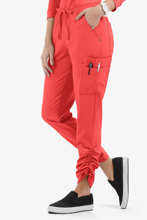 Easy STRETCH Halle Women's 11-Pocket Ruched Leg Jogger Scrub Pants - Petite - Radiant Red - 1