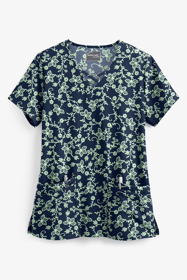 Butter-Soft STRETCH Floral Vines Navy Women's 4-Pocket Criss Cross Print Scrub Top - null - 1