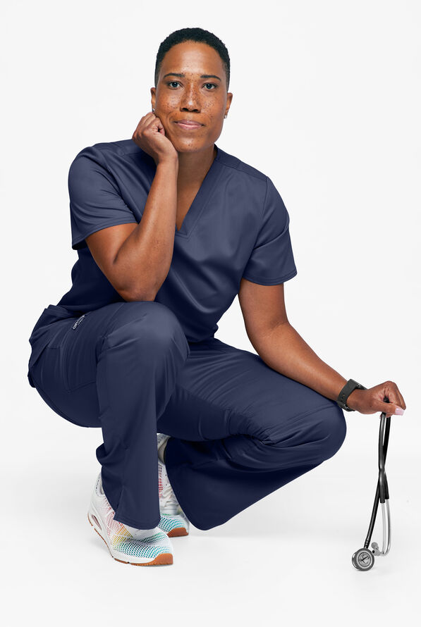 Cherokee Workwear Revolution Women's 3-Pocket STRETCH V-Neck Scrub Top - Navy - 3