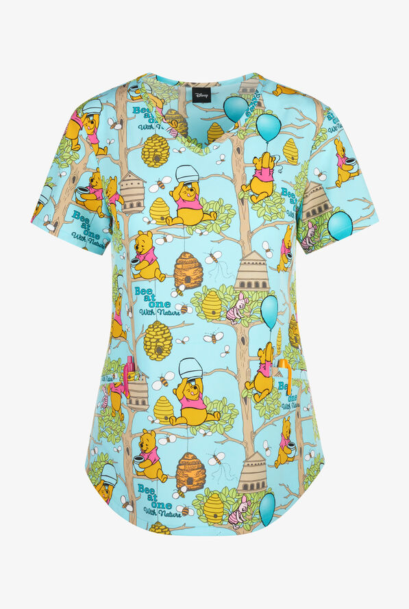 Tooniforms Disney's Winnie The Pooh Bee At One Women's 2-Pocket STRETCH V-Neck Print Scrub Top - null - 1