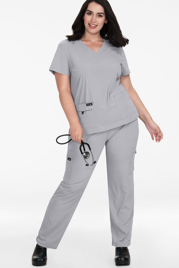 koi Basics Becca Women's 4-Pocket STRETCH V-Neck Scrub Top - Platinum Grey - 4