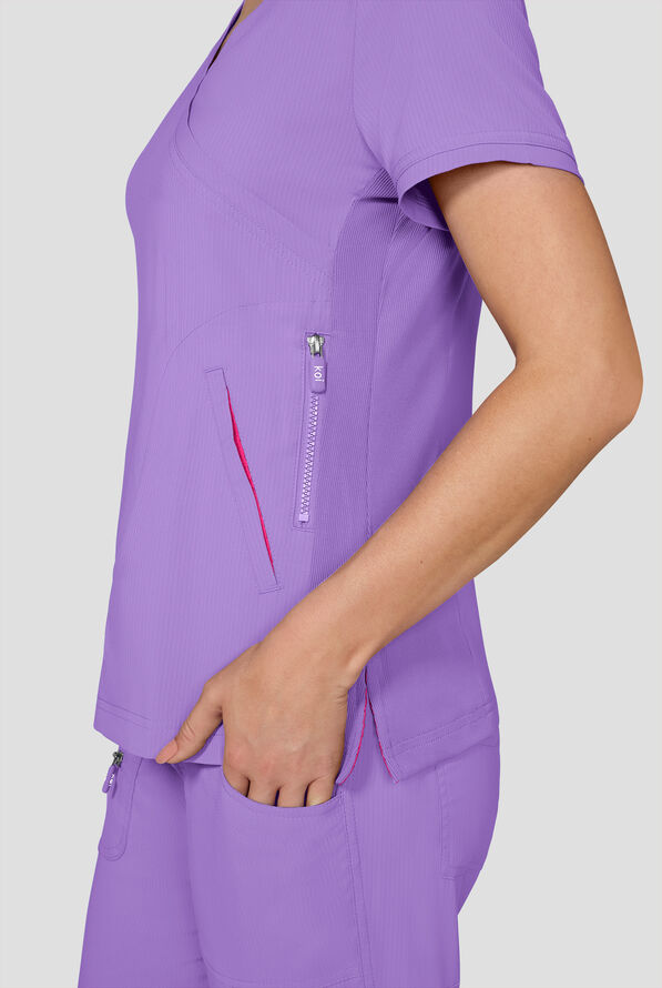 koi Lite&trade; Philosophy Women's 3-Pocket Mock Wrap Side Zipper Scrub Top - French Lavender - 3