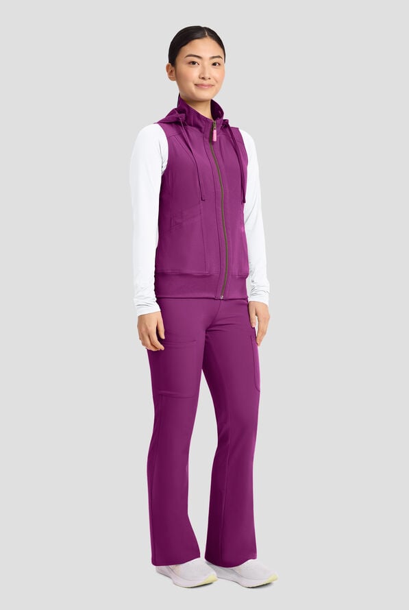Med Couture Amp Women's 4-Pocket STRETCH Zip Front Removable Hoodie Scrub Vest - Plum Royale - 7