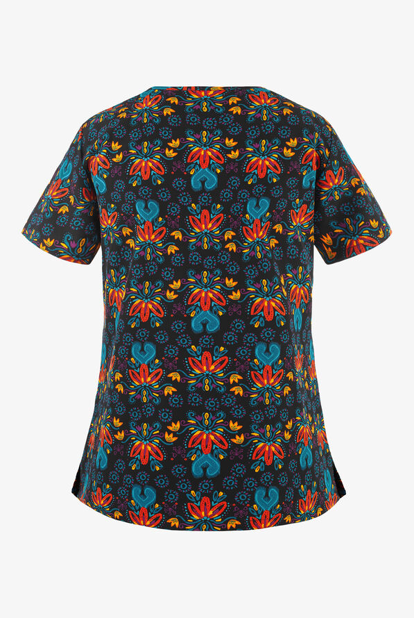 Green Town Ethnic Floral Women's 3-Pocket V-Neck Print Scrub Top - null - 2