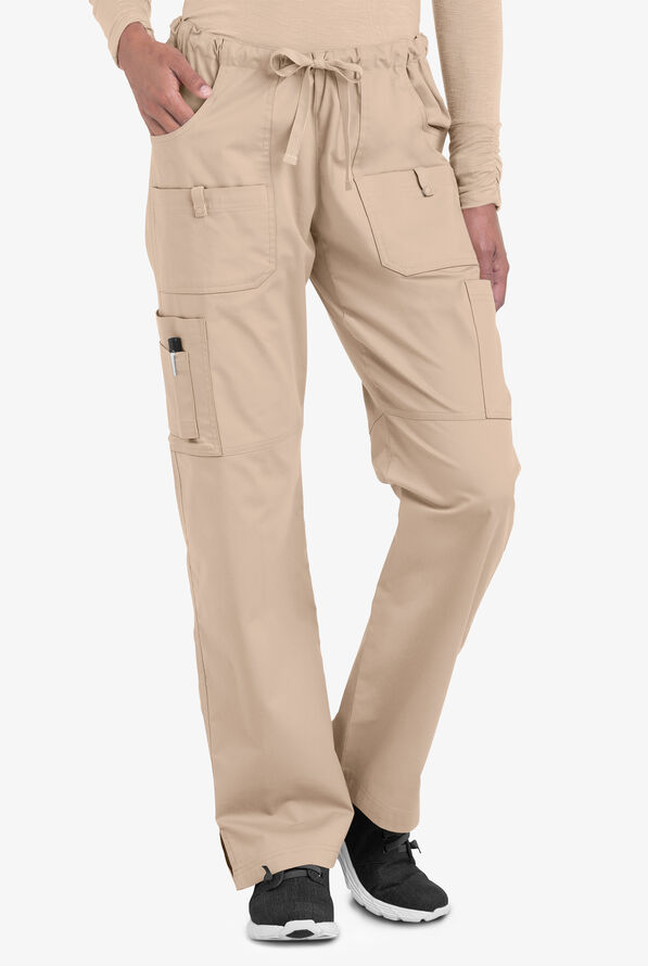 Butter-Soft STRETCH Women's 10-Pocket Drawstring Scrub Pants - Tall - Iced Latte - 1