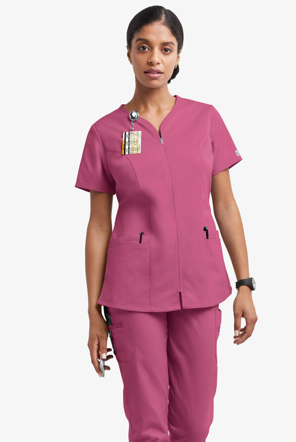Butter-Soft STRETCH Women's 4-Pocket Smooth Face Zipper Scrub Top - Berry Haze - 2